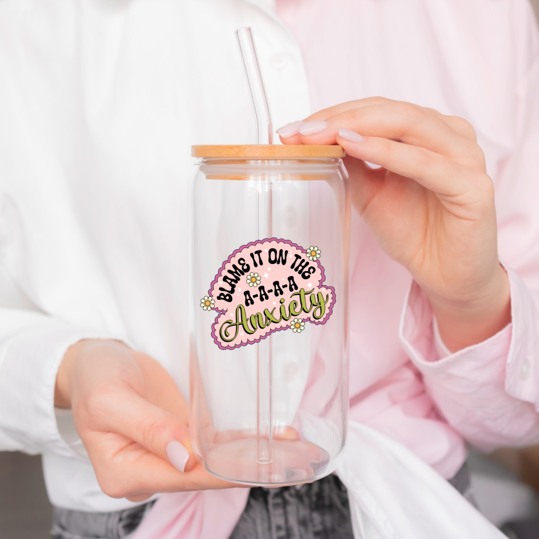 Humorous Anxiety Quote Glass Cup with Bamboo Lid and Glass Straw, 16oz