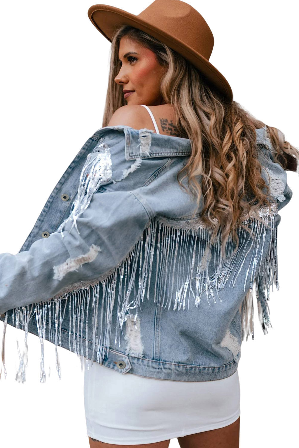 Sky Blue Sequin Embellished Fringe Distressed Denim Jacket