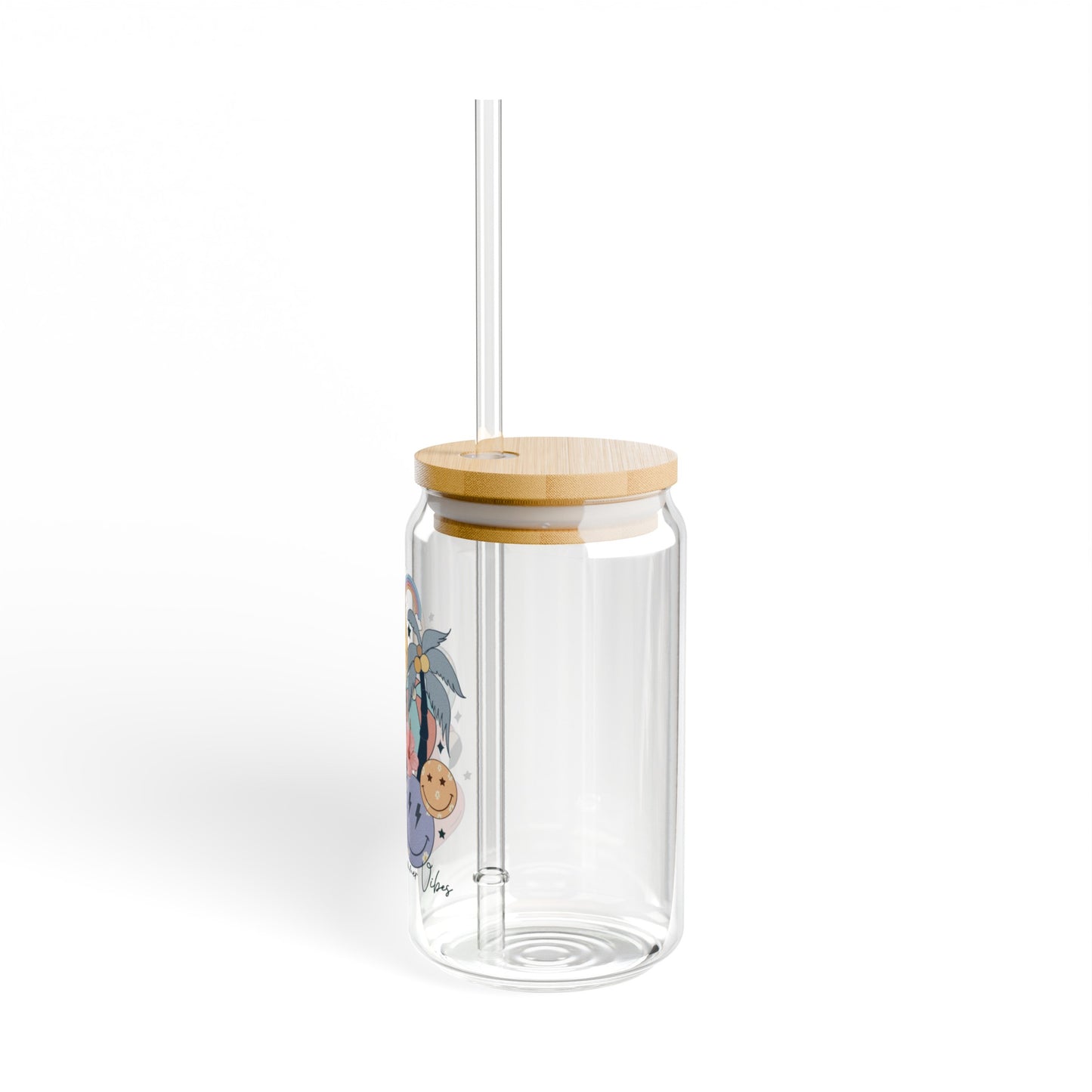 Retro Summer Vibes Glass Cup with Bamboo Lid and Glass Straw, 16oz