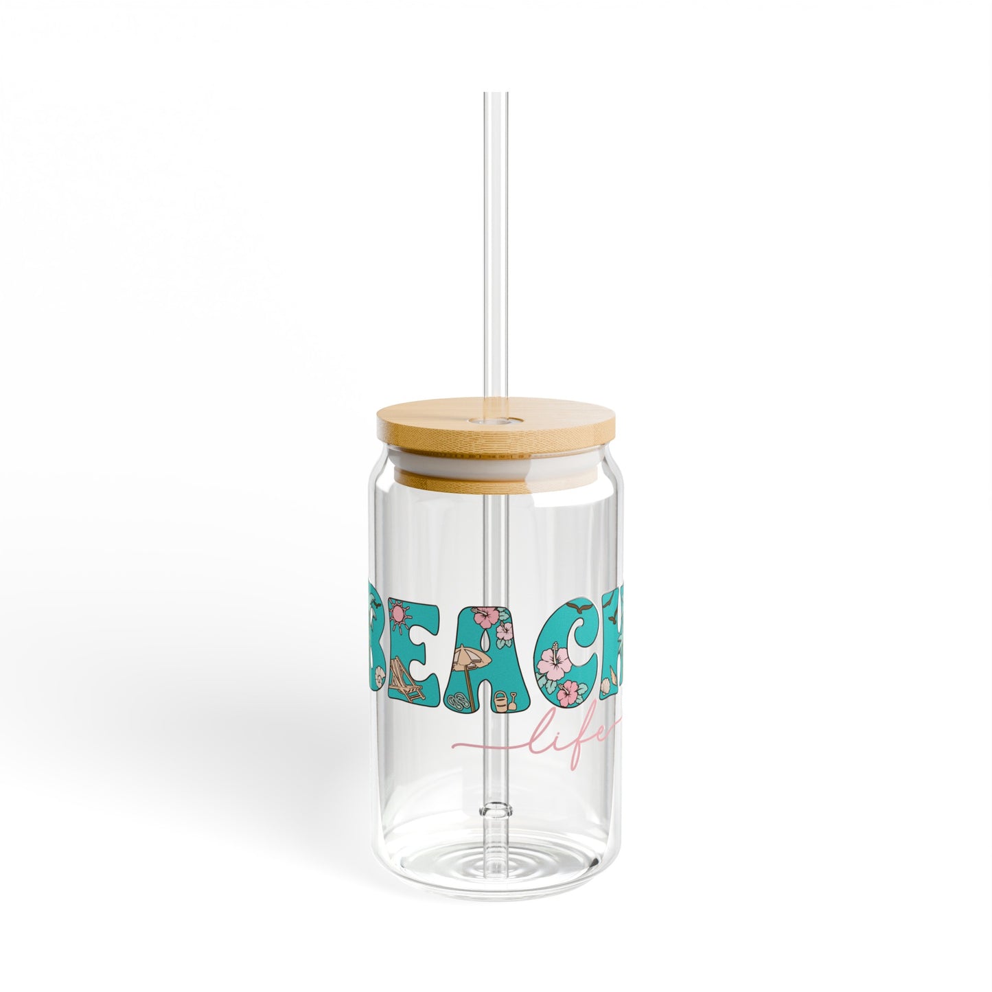 ’Beach Life’ Glass Cup with Bamboo Lid, 16oz