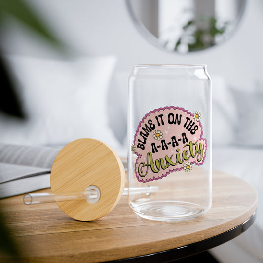 Humorous Anxiety Quote Glass Cup with Bamboo Lid and Glass Straw, 16oz