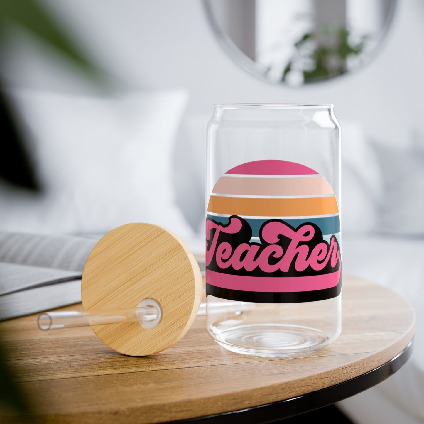 Retro Teacher Glass Cup with Bamboo Lid and Glass Straw, 16oz