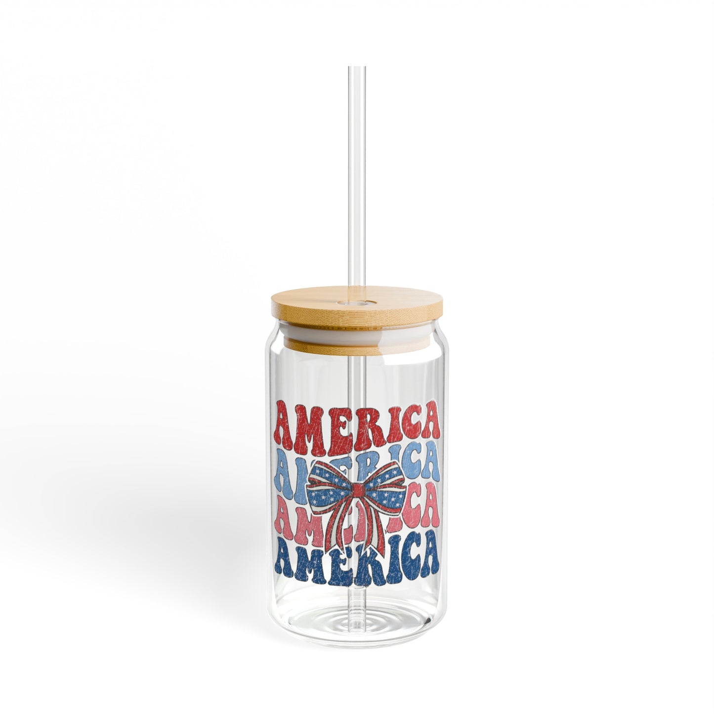 Preppy America, USA, 4th of July Glass Cup with bamboo lid, 16oz