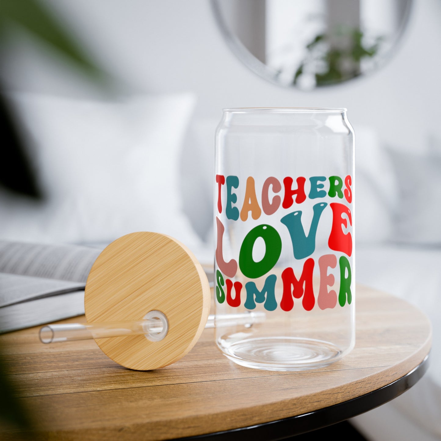 Teachers Love Summer Glass Cup with Bamboo Lid, 16oz