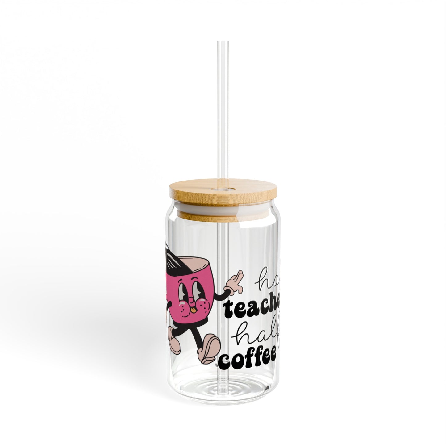 Teacher Glass Cup with Bamboo Lid and Glass Straw, 16oz