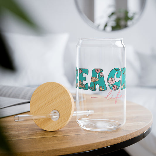 ’Beach Life’ Glass Cup with Bamboo Lid, 16oz