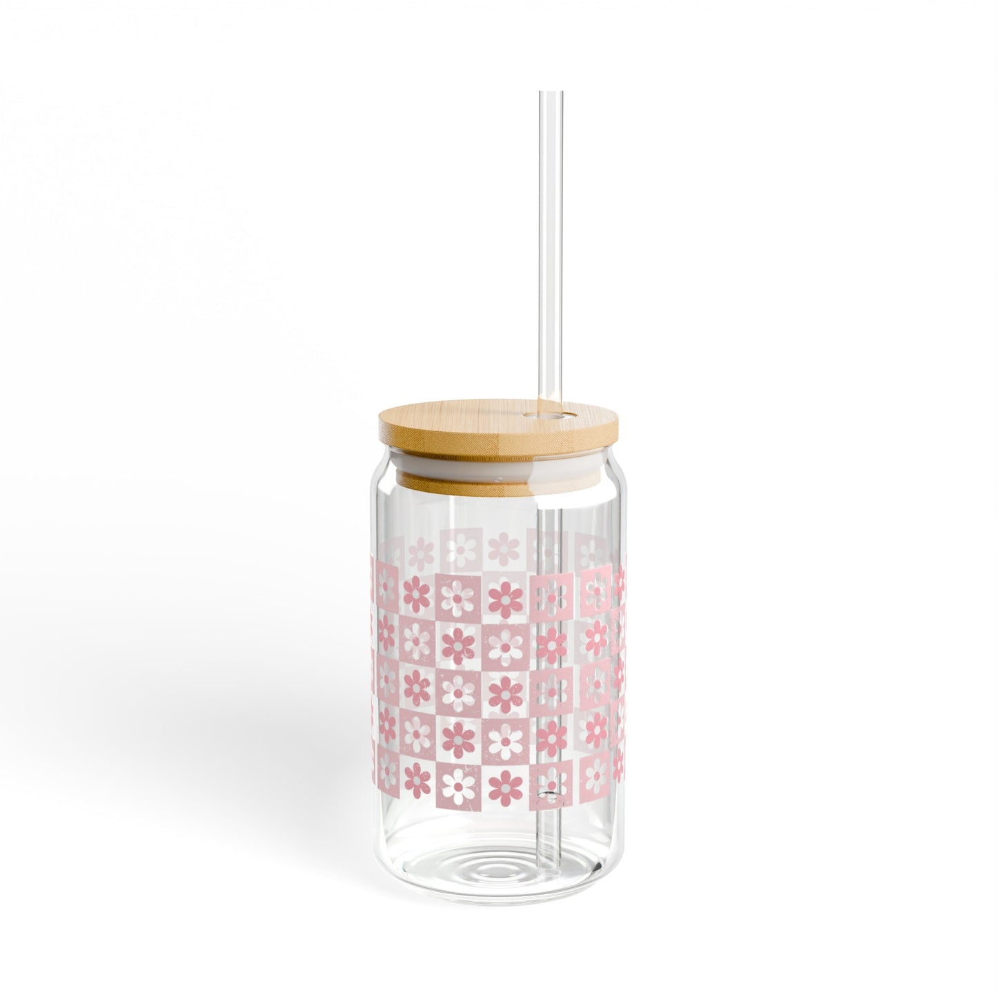 Pink Preppy Glass Cup with Bamboo Lid and Glass Straw, 16oz