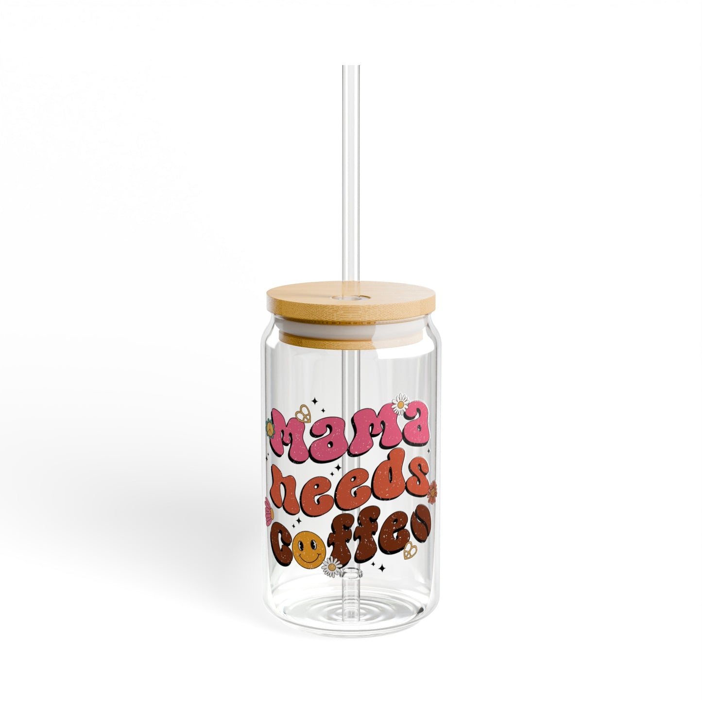 Mama Needs Coffee Glass Cup with Bamboo Lid and Glass Straw, 16oz