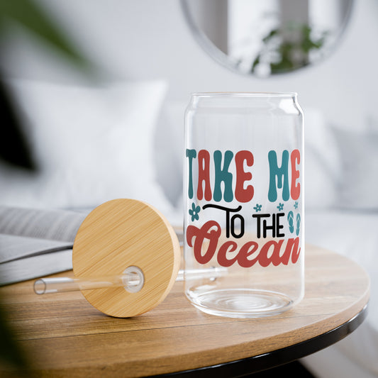 Take Me To The Ocean Glass Cup with a Bamboo Lid, 16oz