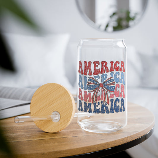 Preppy America, USA, 4th of July Glass Cup with bamboo lid, 16oz