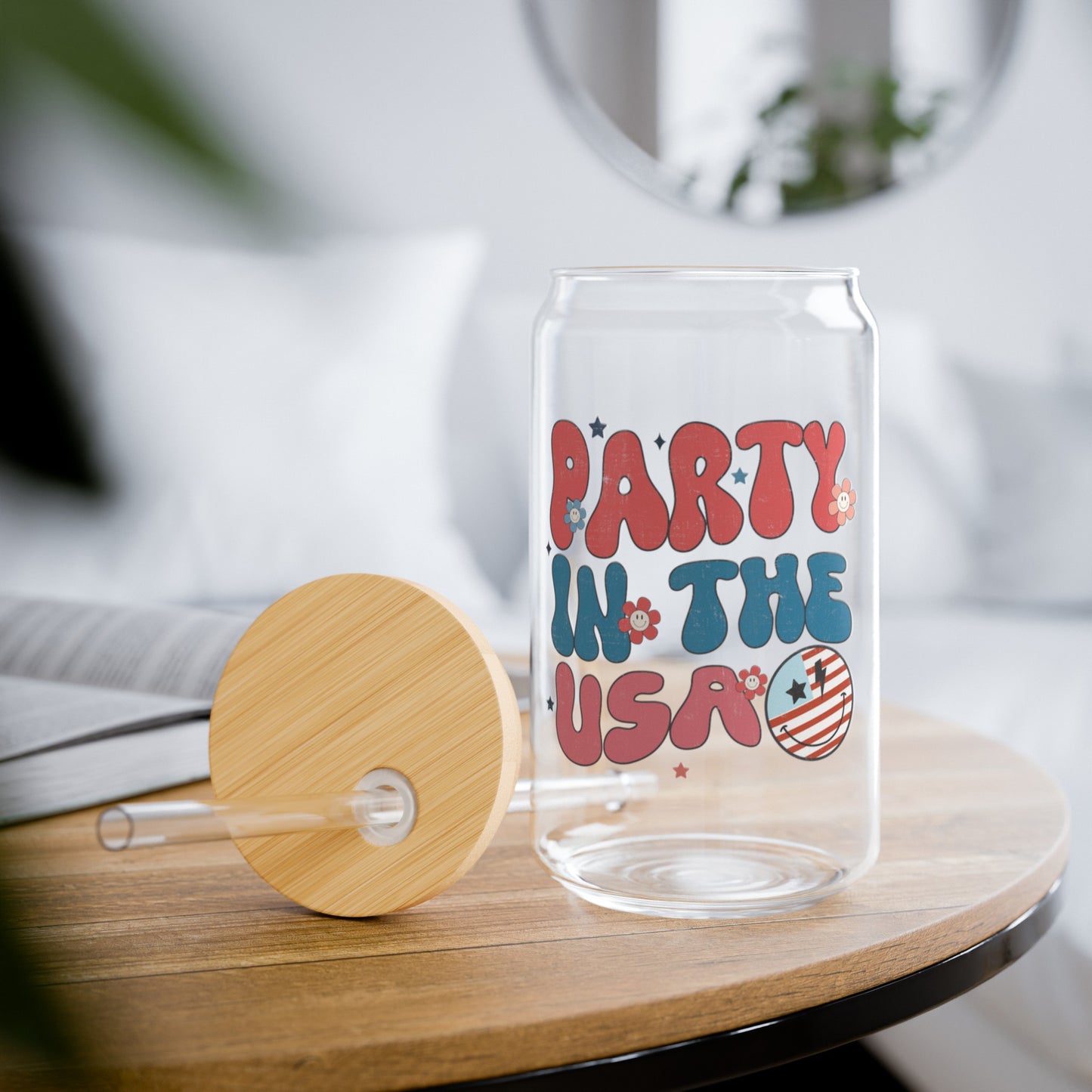 Party in the USA Glass Cup with Bamboo Lid, 16oz