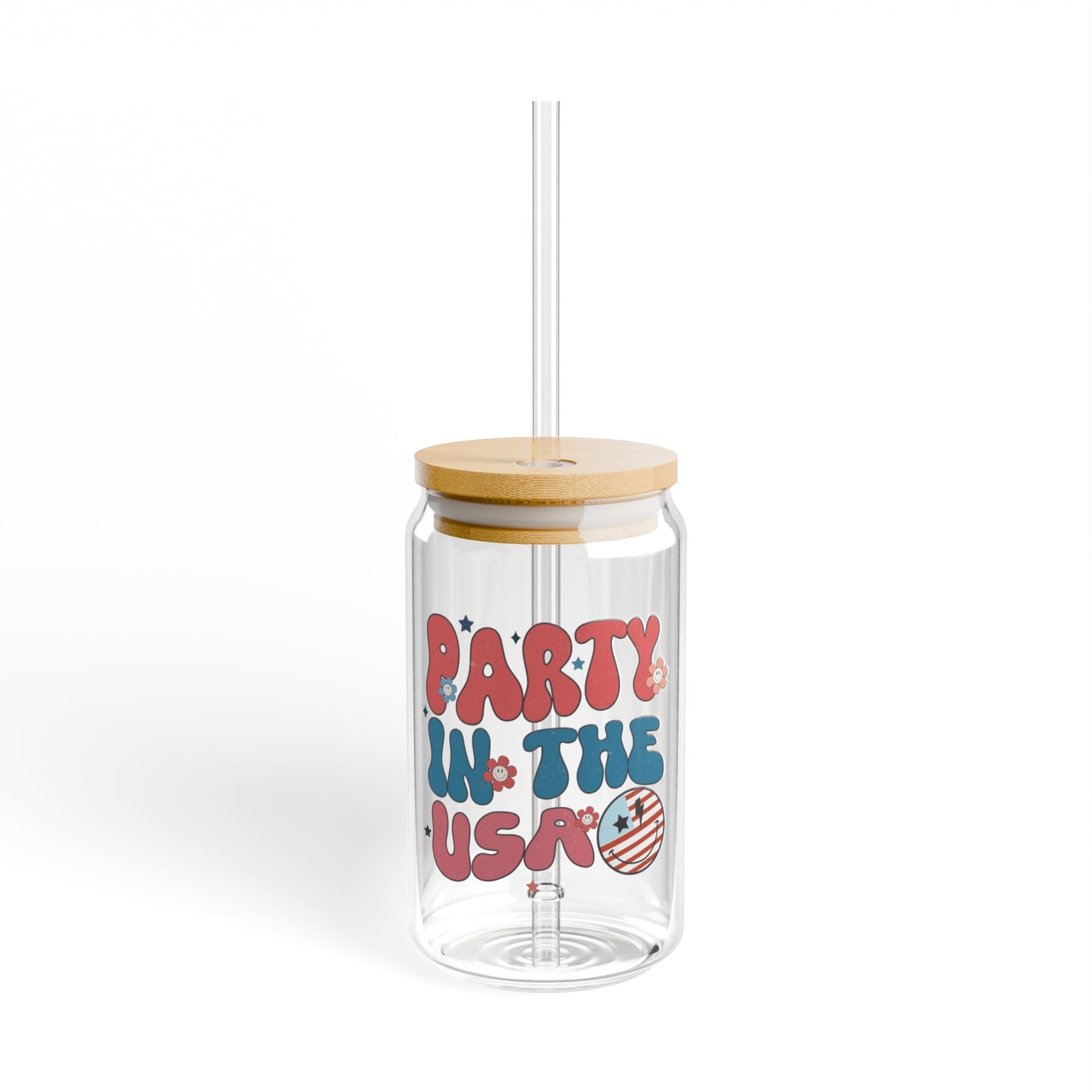 Party in the USA Glass Cup with Bamboo Lid, 16oz