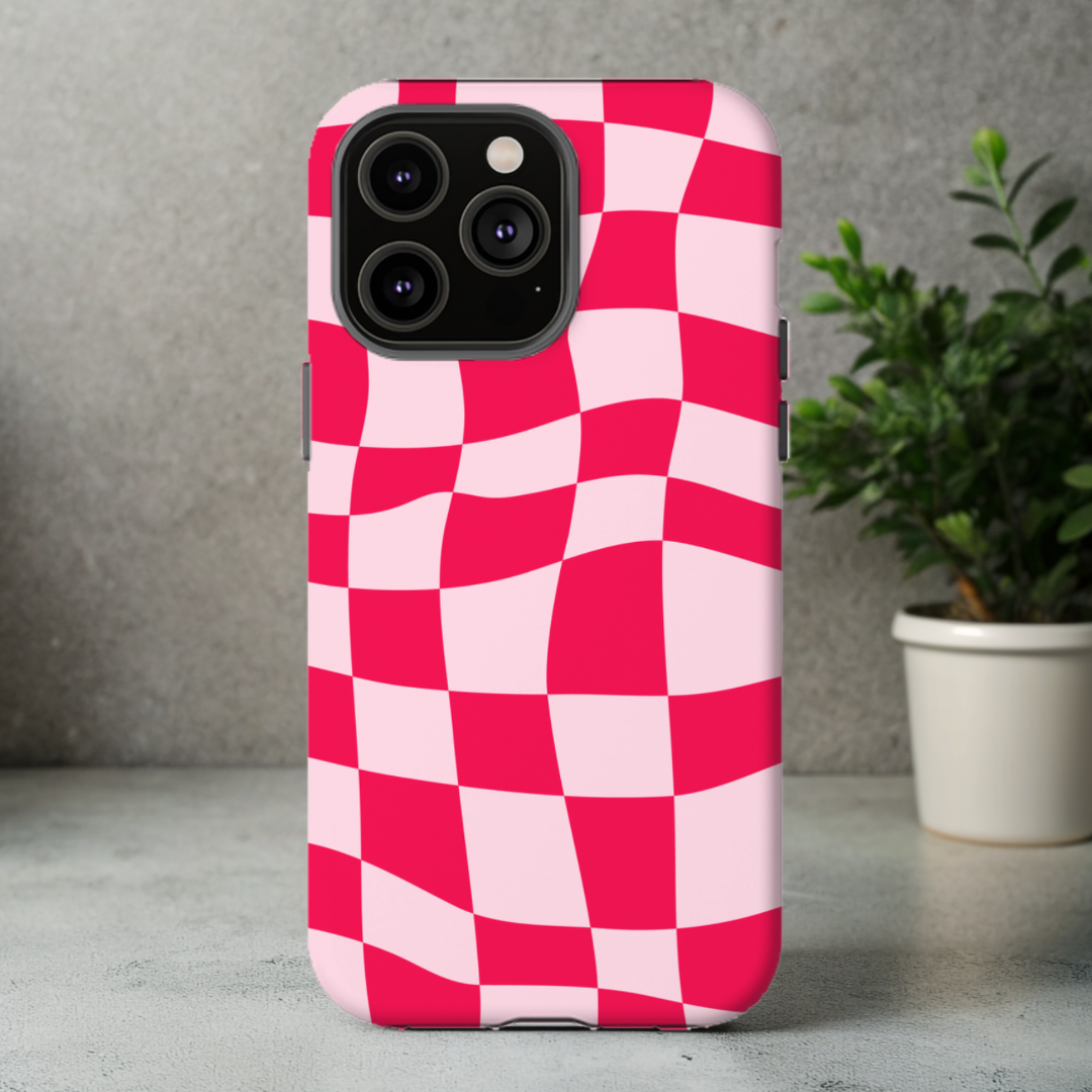 Pink Checkered Retro iPhone 15, 14, 13 Case, MagSafe Tough Case