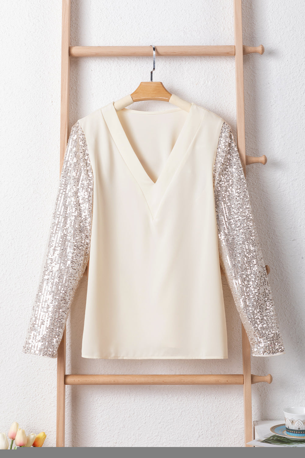 White Sequined Sleeves Patchwork V Neck Blouse