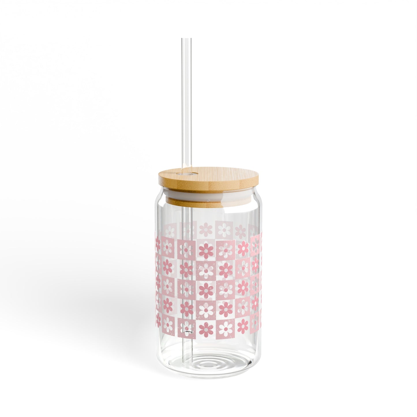 Pink Preppy Glass Cup with Bamboo Lid and Glass Straw, 16oz