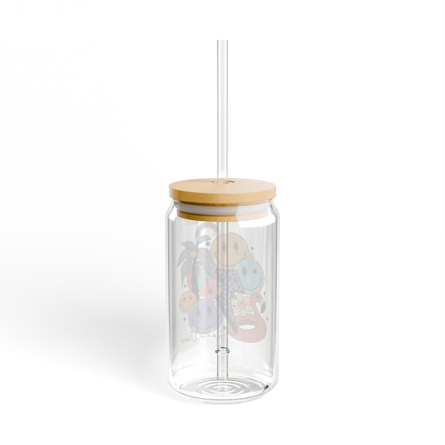 Retro Summer Vibes Glass Cup with Bamboo Lid and Glass Straw, 16oz