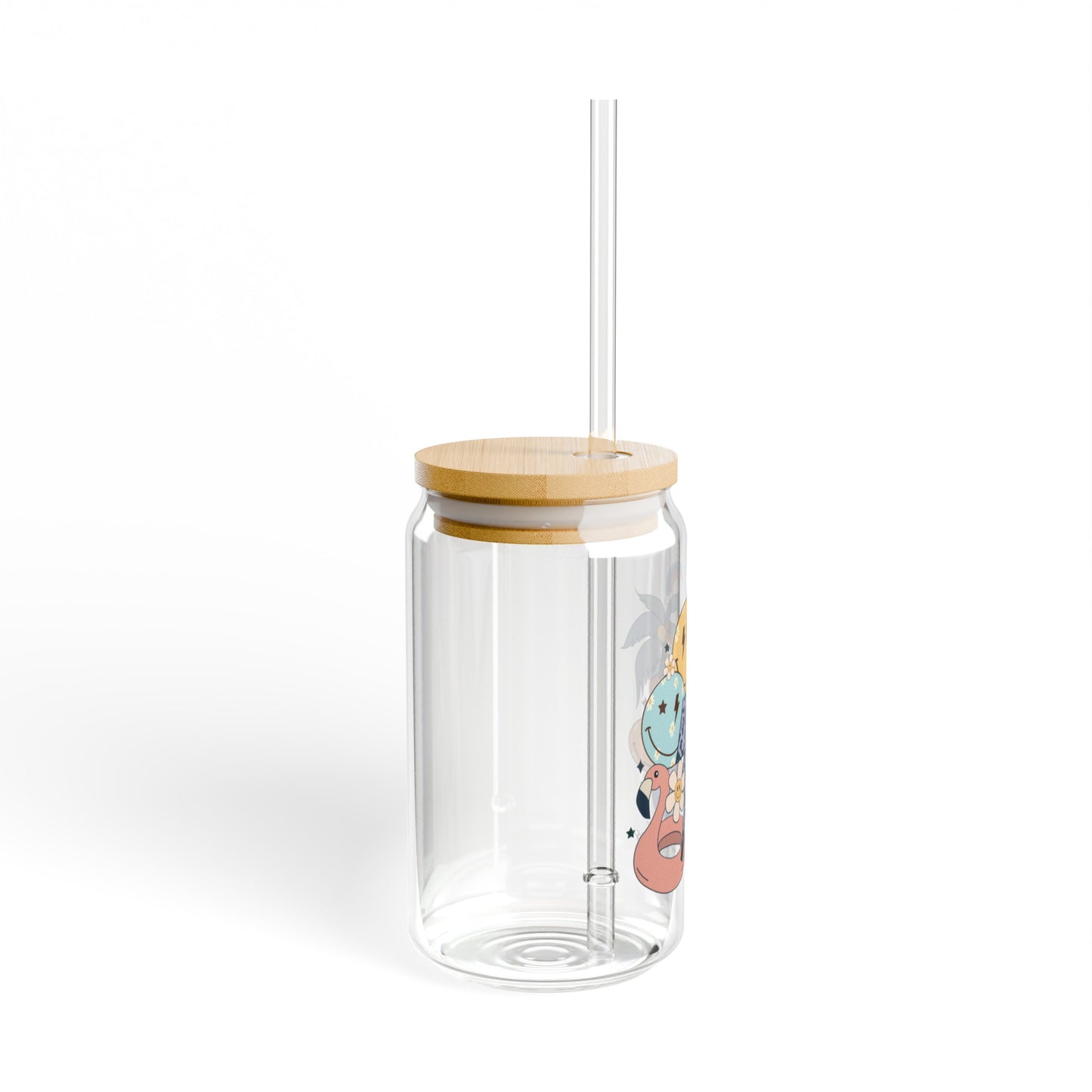 Retro Summer Vibes Glass Cup with Bamboo Lid and Glass Straw, 16oz