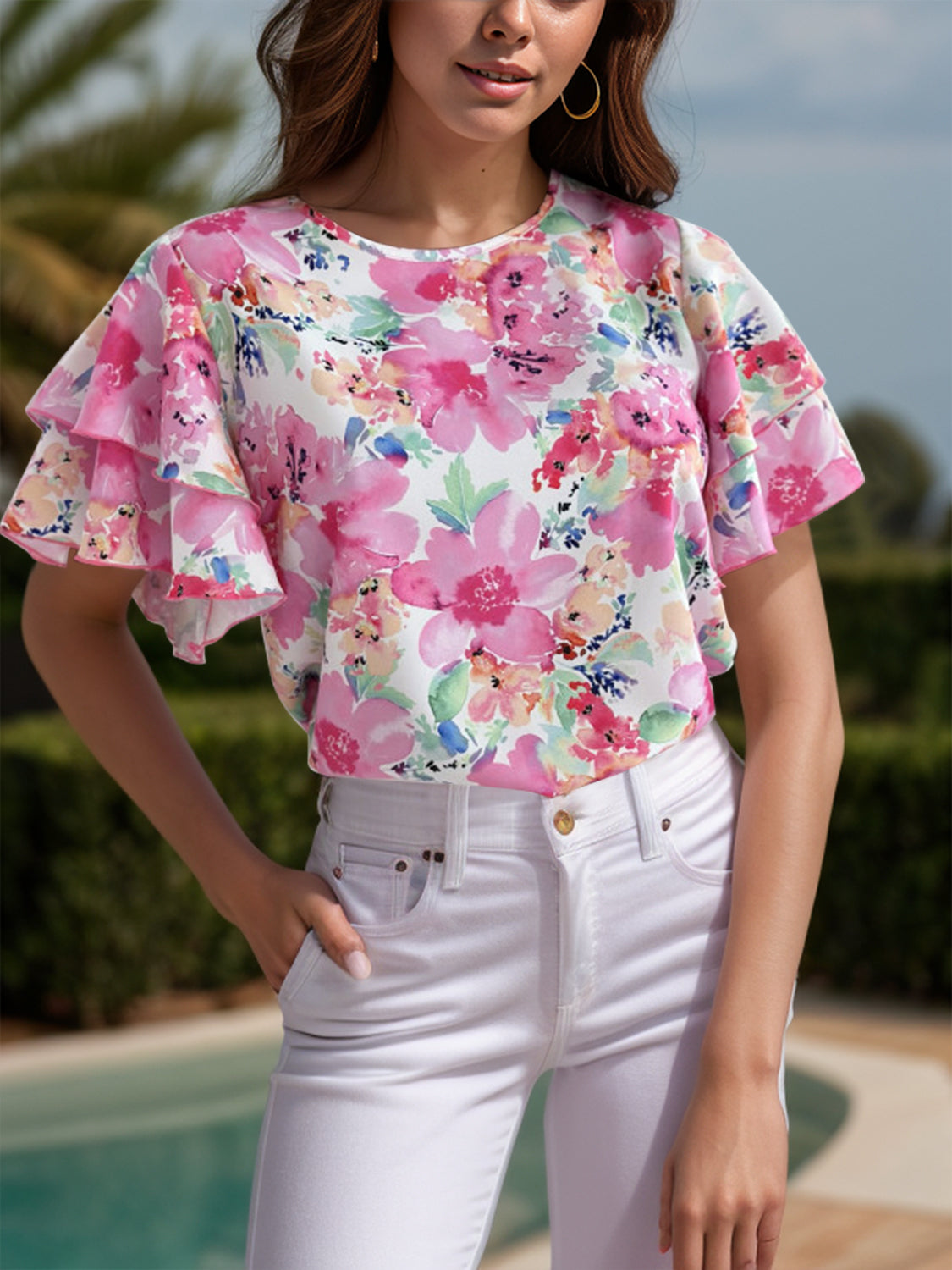 Floral Round Neck Flutter Sleeve Blouse