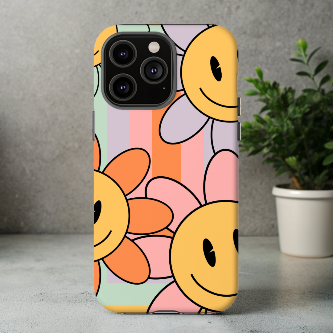 Retro Smiley Flower iPhone Case, Impact-Resistant Cases