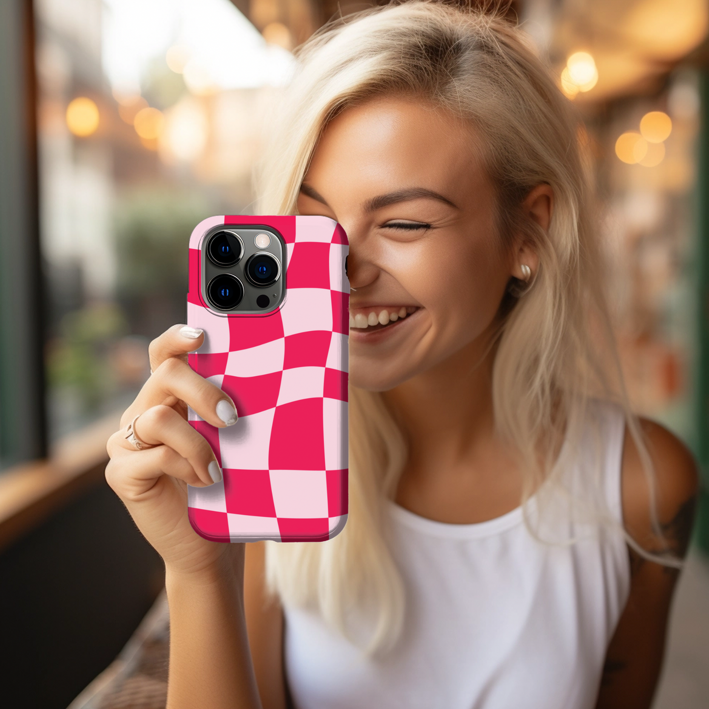 Pink Checkered Retro iPhone 15, 14, 13 Case, MagSafe Tough Case