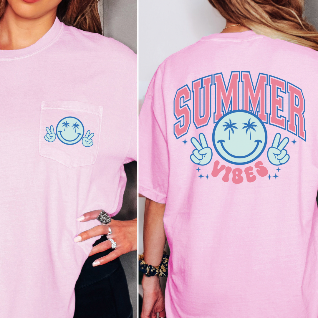 Summer Vibes Smiley Retro Graphic Pocket T-Shirt