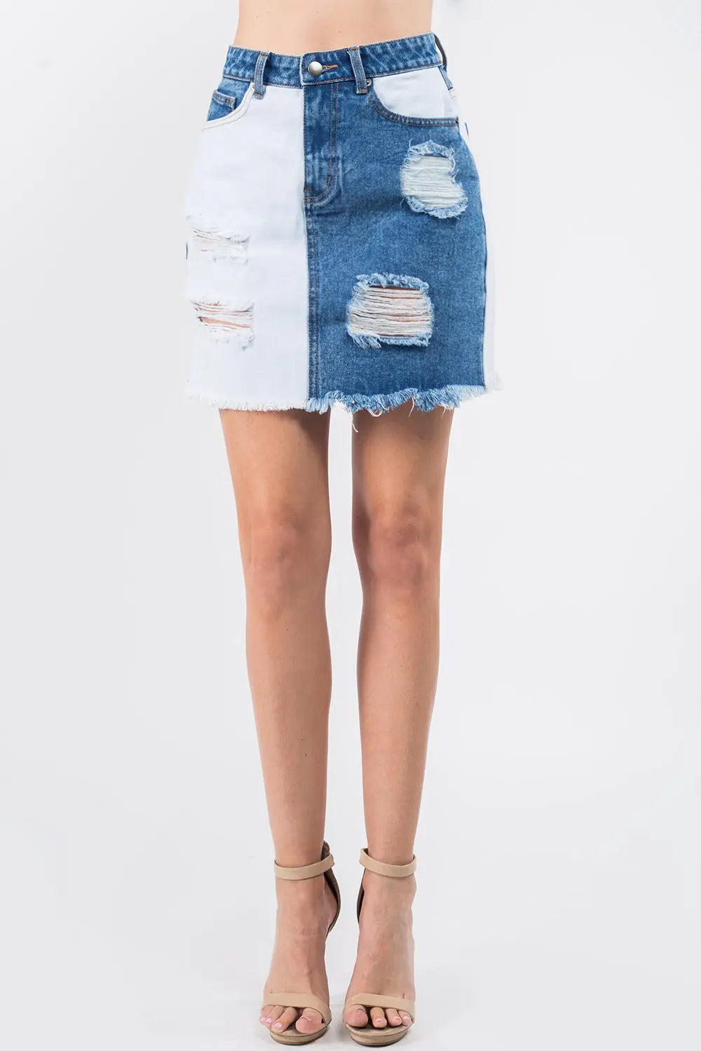 American Bazi Contrast Patched Frayed Denim Distressed Skirts Trendsi