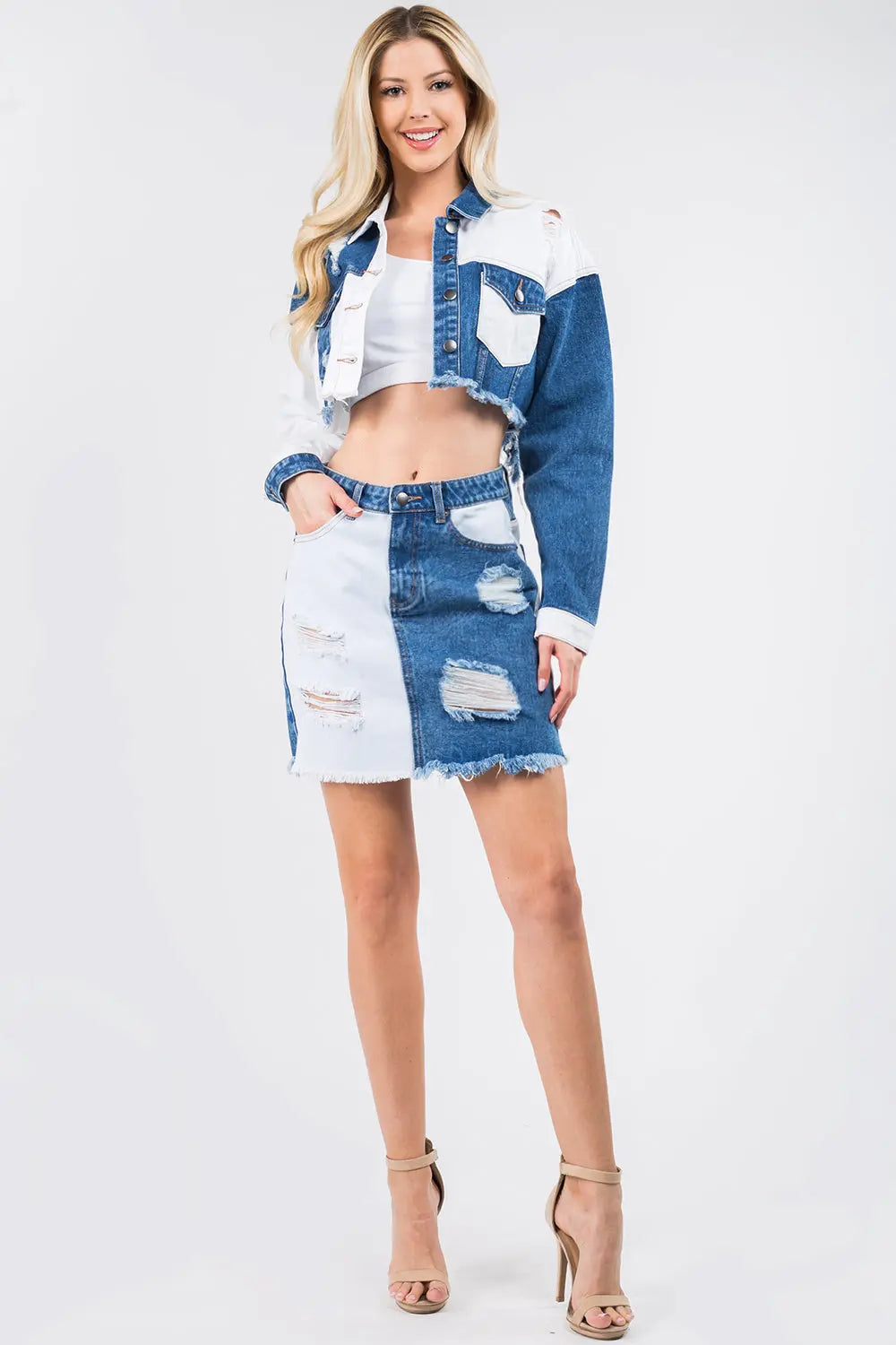 American Bazi Contrast Patched Frayed Denim Distressed Skirts Trendsi