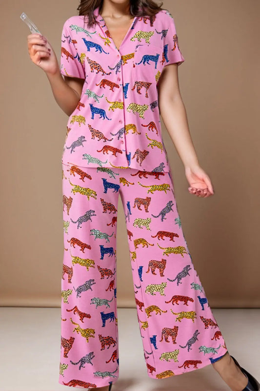 Animal Button Up Top and Pants Lounge Set Trendsi