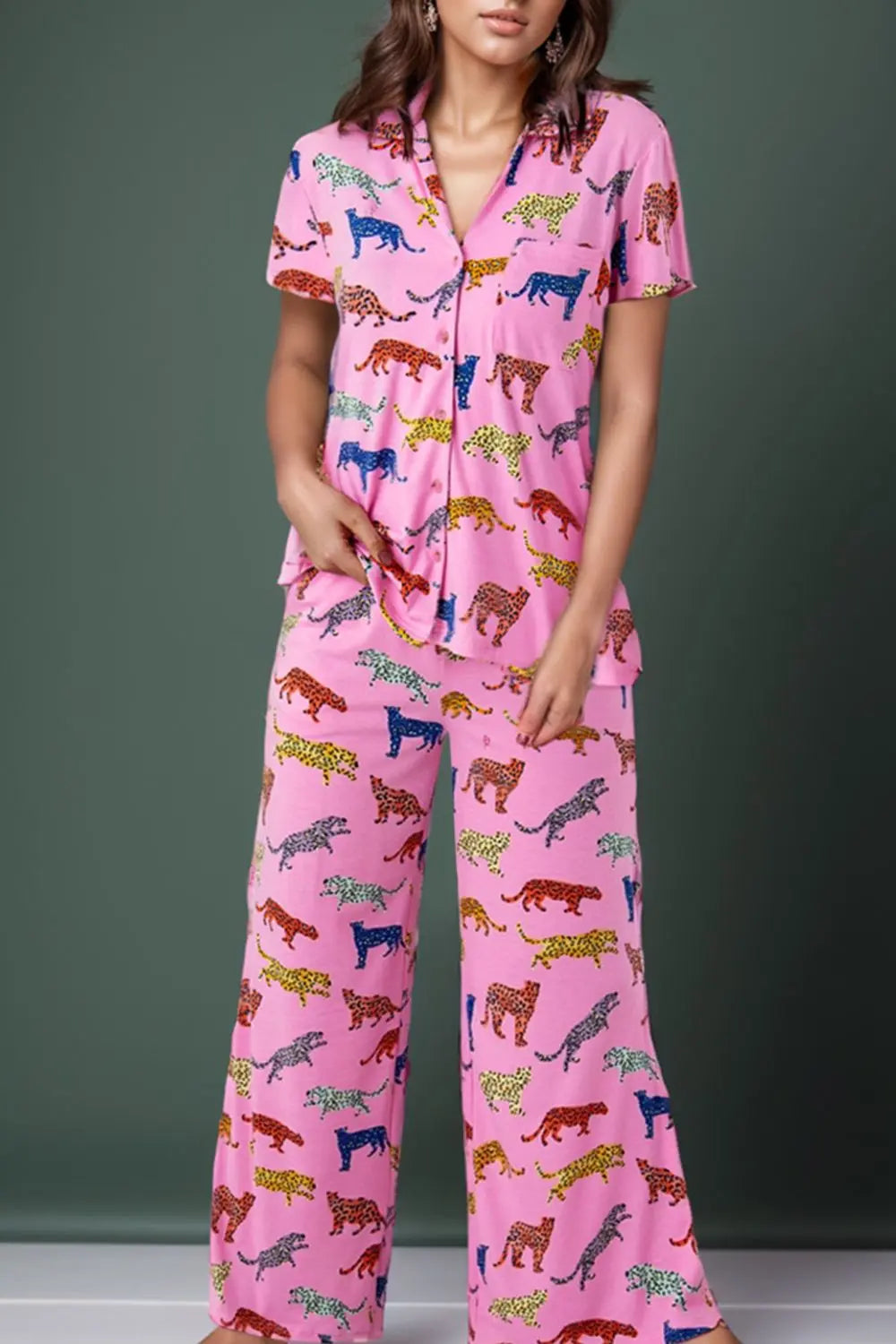 Animal Button Up Top and Pants Lounge Set Trendsi