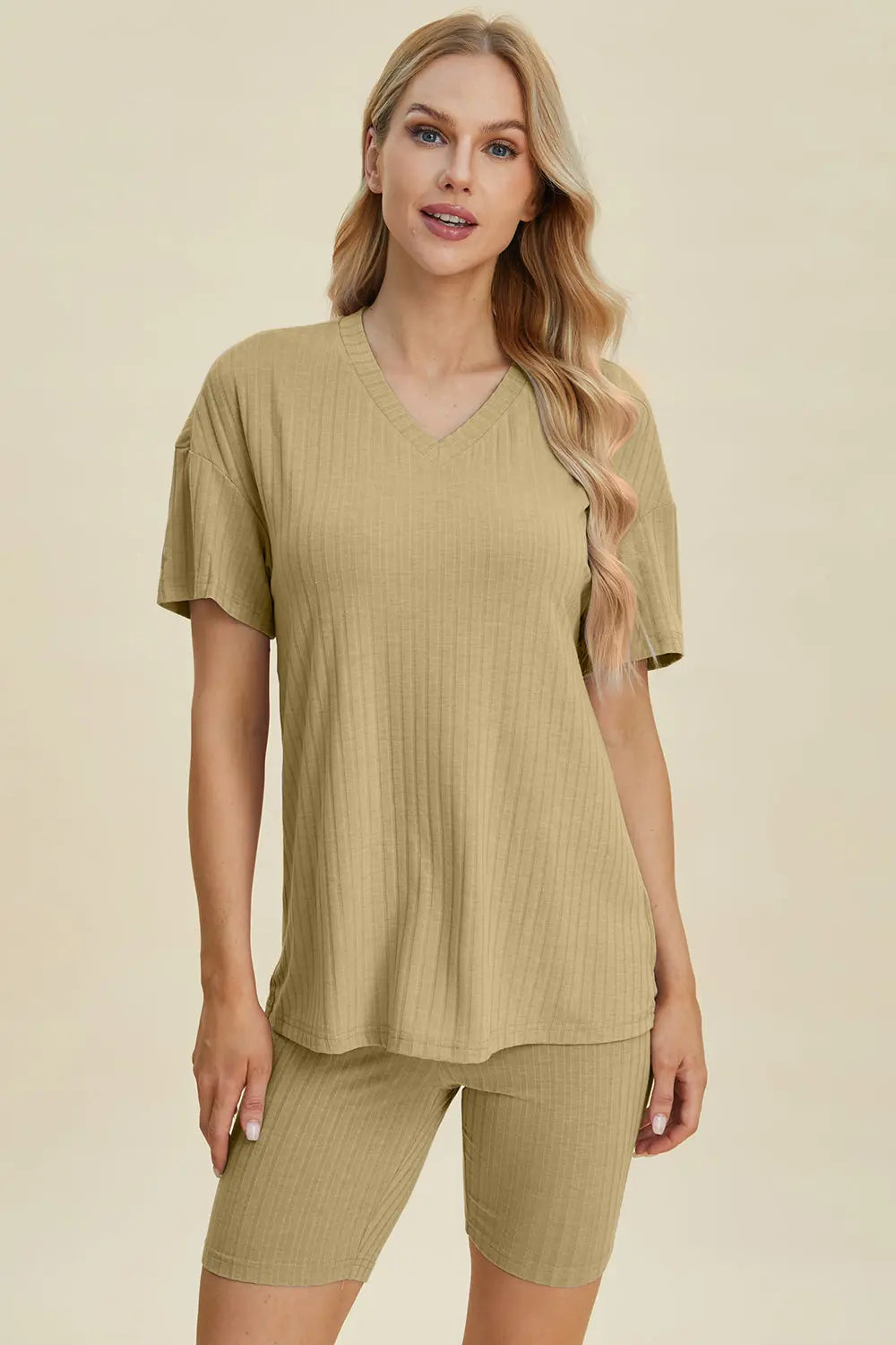 Basic Bae Full Size Ribbed V-Neck Short Sleeve Top and Shorts Set Trendsi