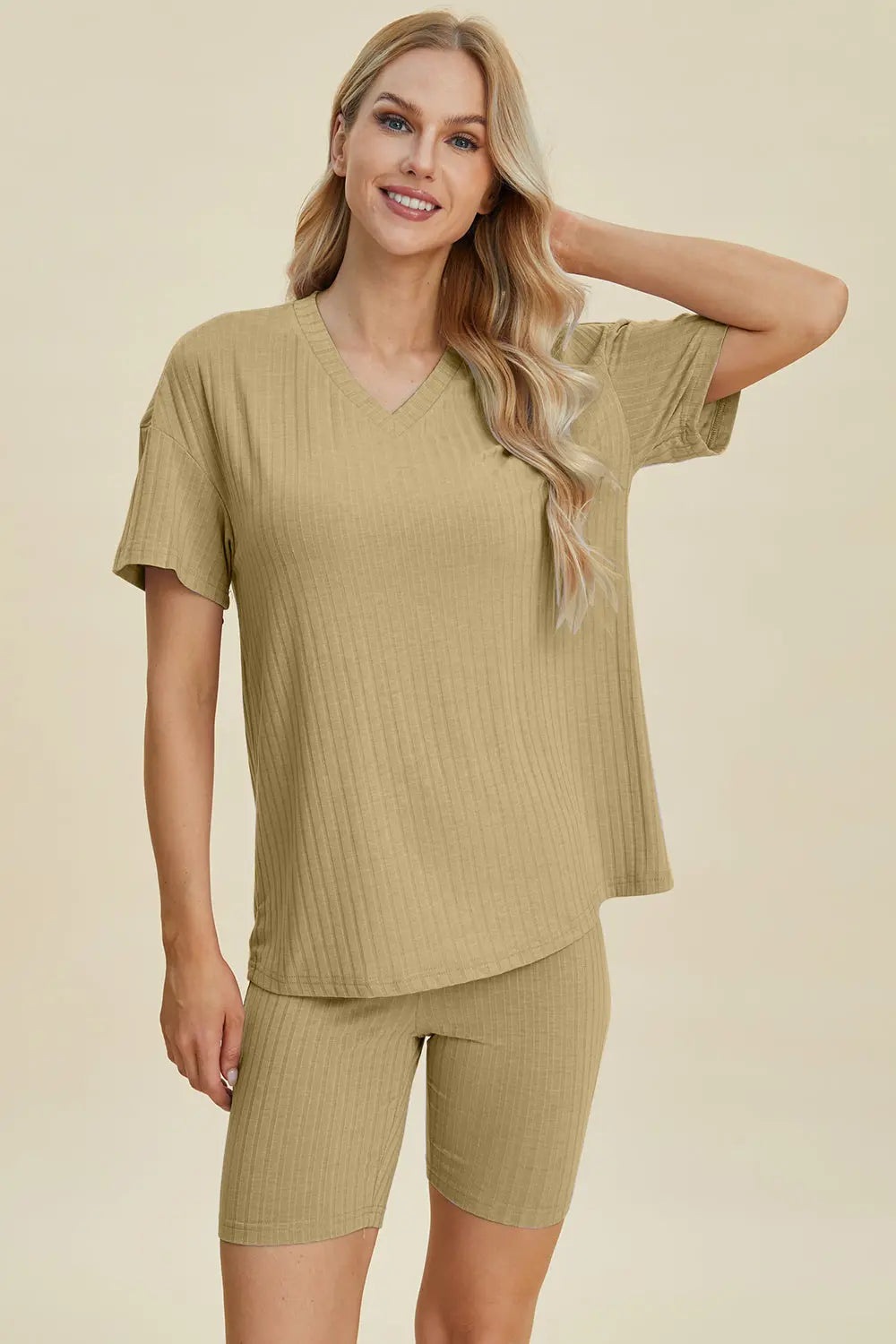 Basic Bae Full Size Ribbed V-Neck Short Sleeve Top and Shorts Set Trendsi