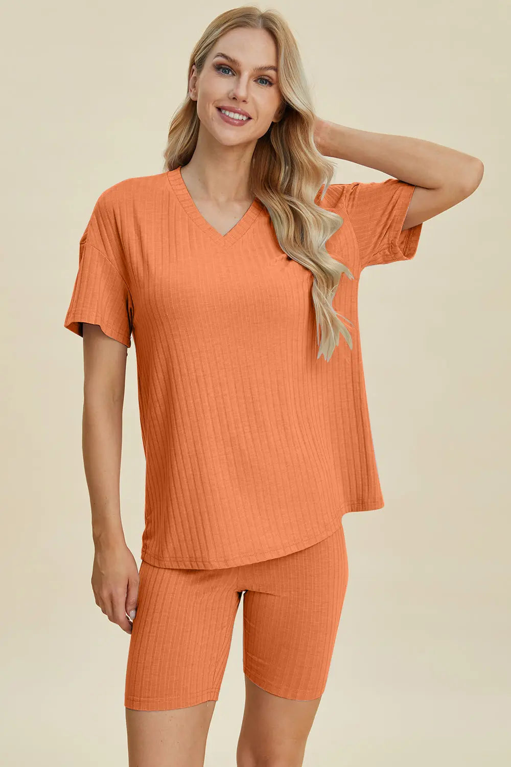 Basic Bae Full Size Ribbed V-Neck Short Sleeve Top and Shorts Set Trendsi