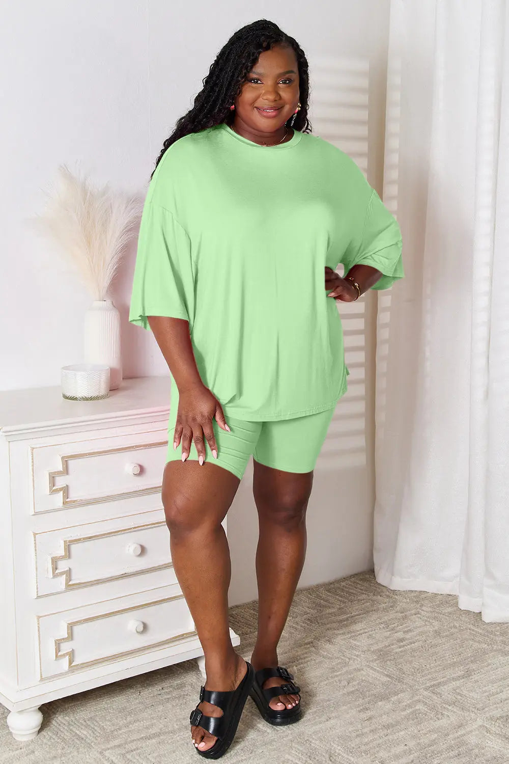 Basic Bae Full Size Soft Rayon Three-Quarter Sleeve Top and Shorts Set Trendsi