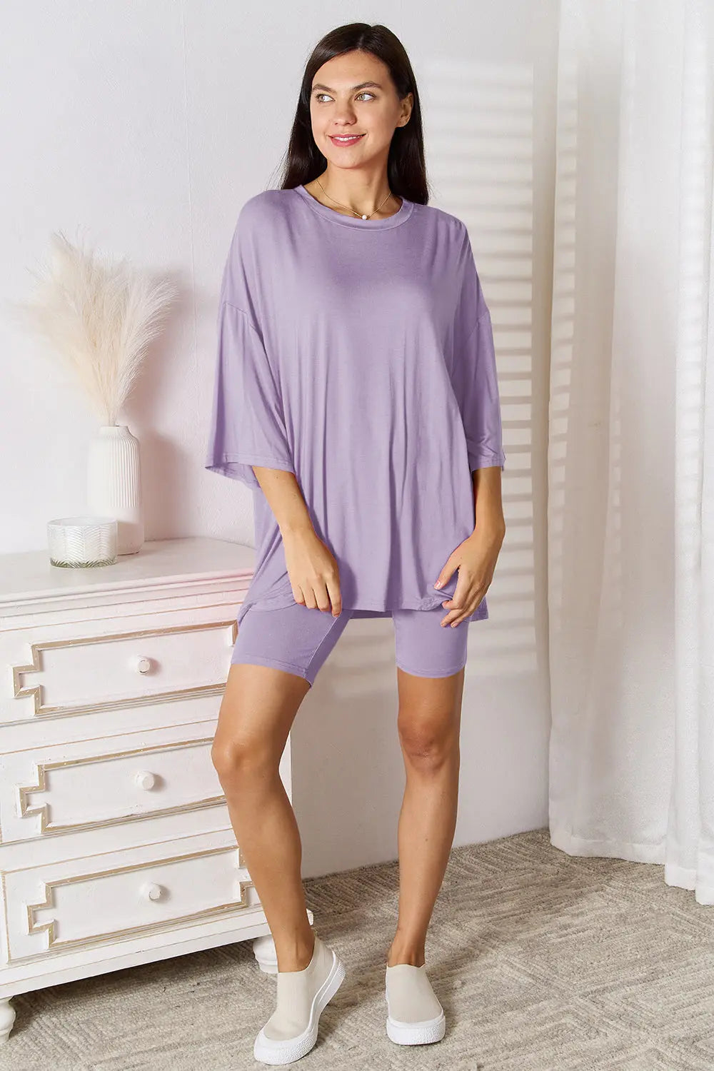 Basic Bae Full Size Soft Rayon Three-Quarter Sleeve Top and Shorts Set Trendsi