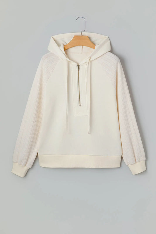 Beige Solid Color Textured Sleeve Patchwork Half Zip Hoodie Dear-Lover Dropshipping