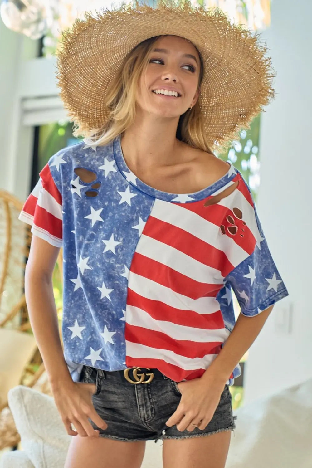 BiBi American Flag Theme Short Sleeve T-Shirt Trendsi