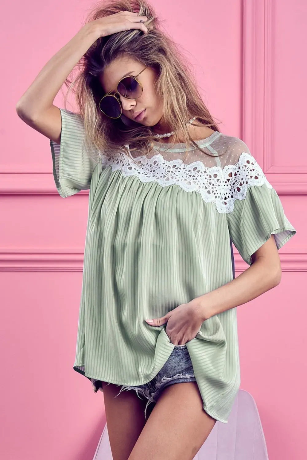 BiBi Lace Detail Short Sleeve Striped Blouse Trendsi