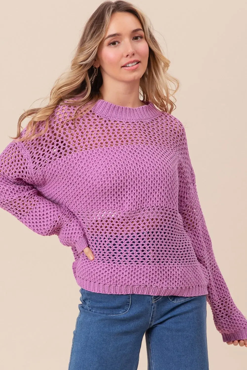 BiBi Openwork Long Sleeve Knit Top Trendsi