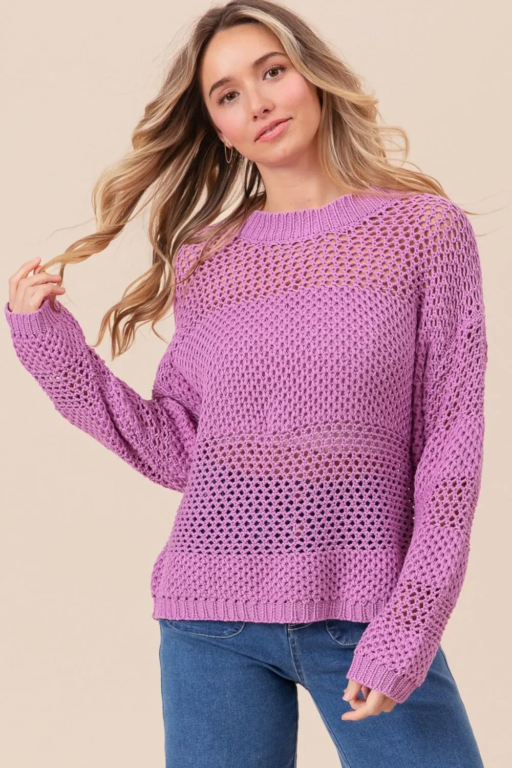 BiBi Openwork Long Sleeve Knit Top Trendsi