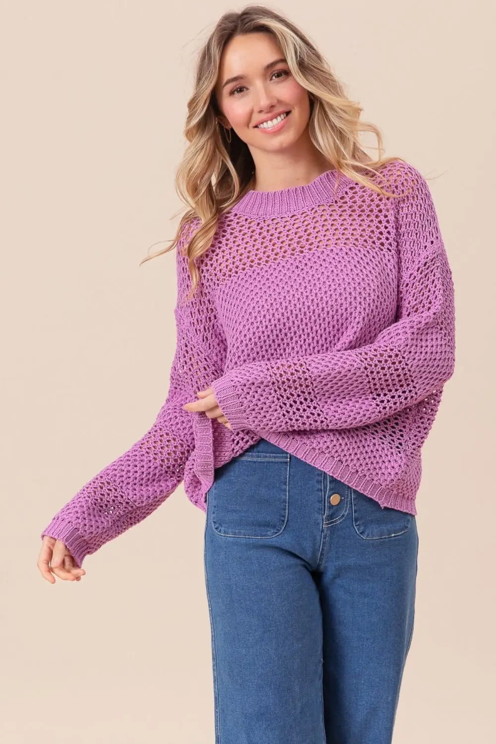 BiBi Openwork Long Sleeve Knit Top Trendsi