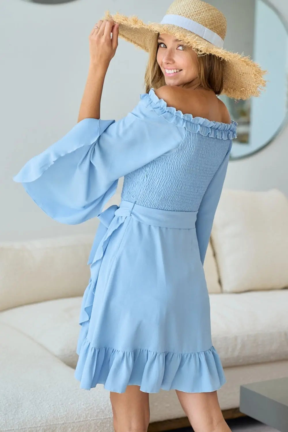 BiBi Smocked Ruffled Front Tie Mini Dress Trendsi