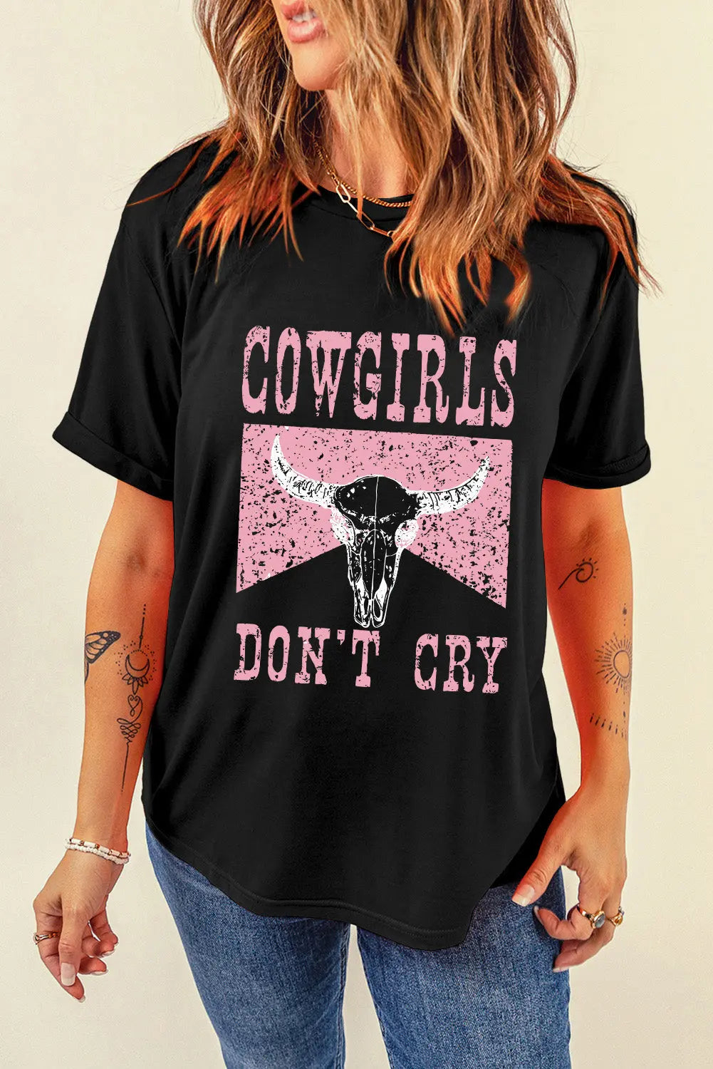 Black COWGIRL DONT CRY Steer Head Print Short Sleeve Top Dear-Lover Dropshipping