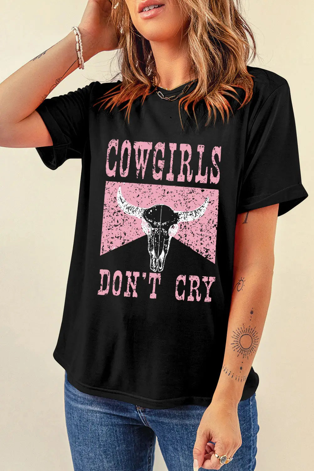Black COWGIRL DONT CRY Steer Head Print Short Sleeve Top Dear-Lover Dropshipping