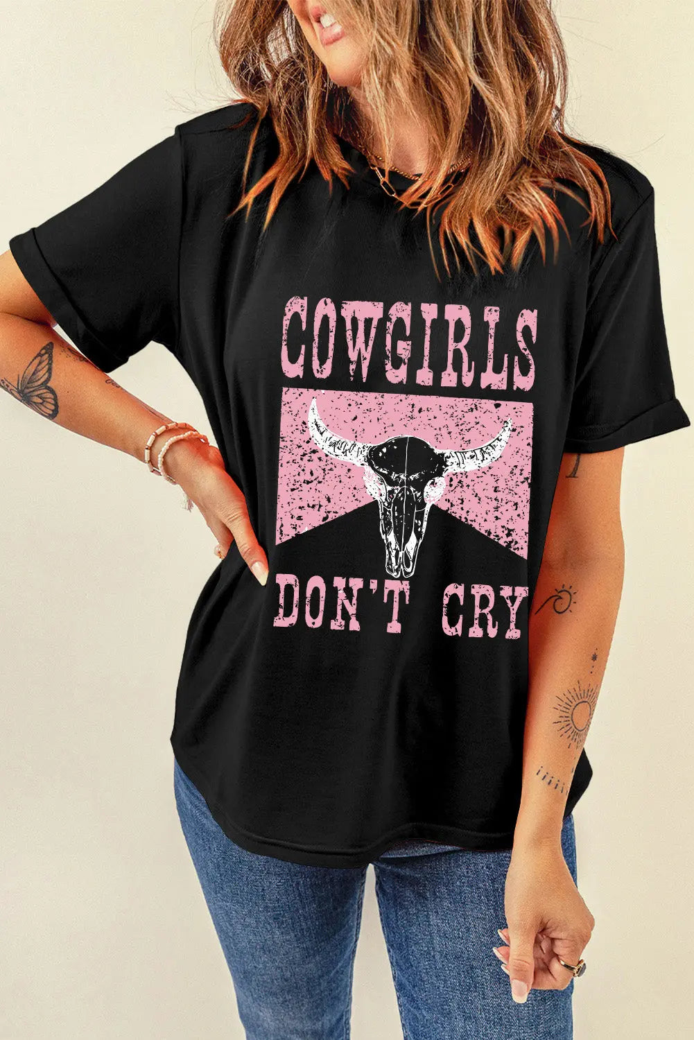 Black COWGIRL DONT CRY Steer Head Print Short Sleeve Top Dear-Lover Dropshipping