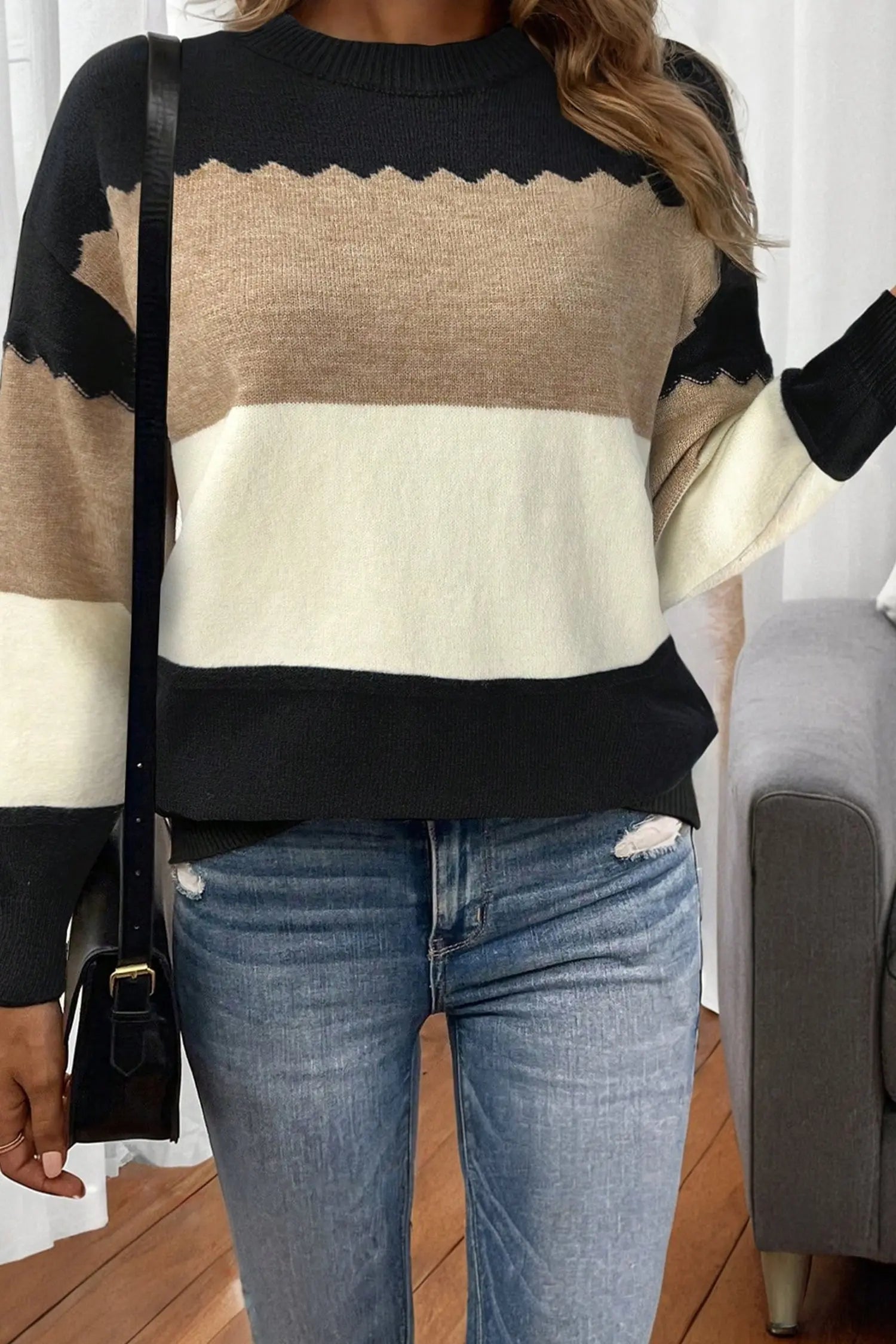 Black Colorblock Crew Neck Drop Shoulder Sweater Dear-Lover Dropshipping