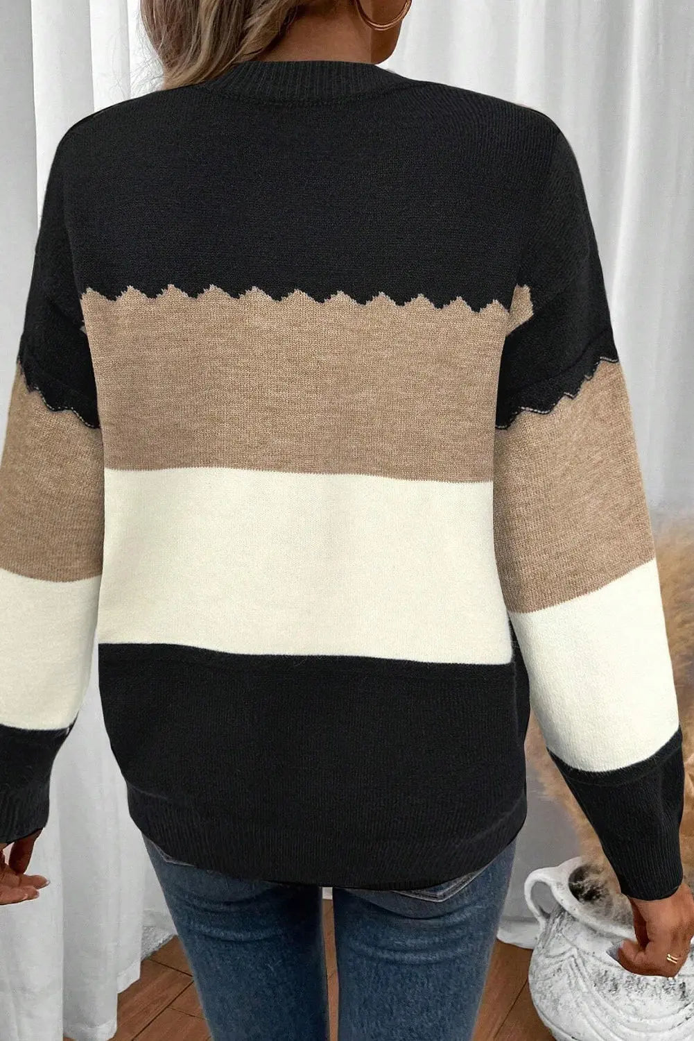 Black Colorblock Crew Neck Drop Shoulder Sweater Dear-Lover Dropshipping