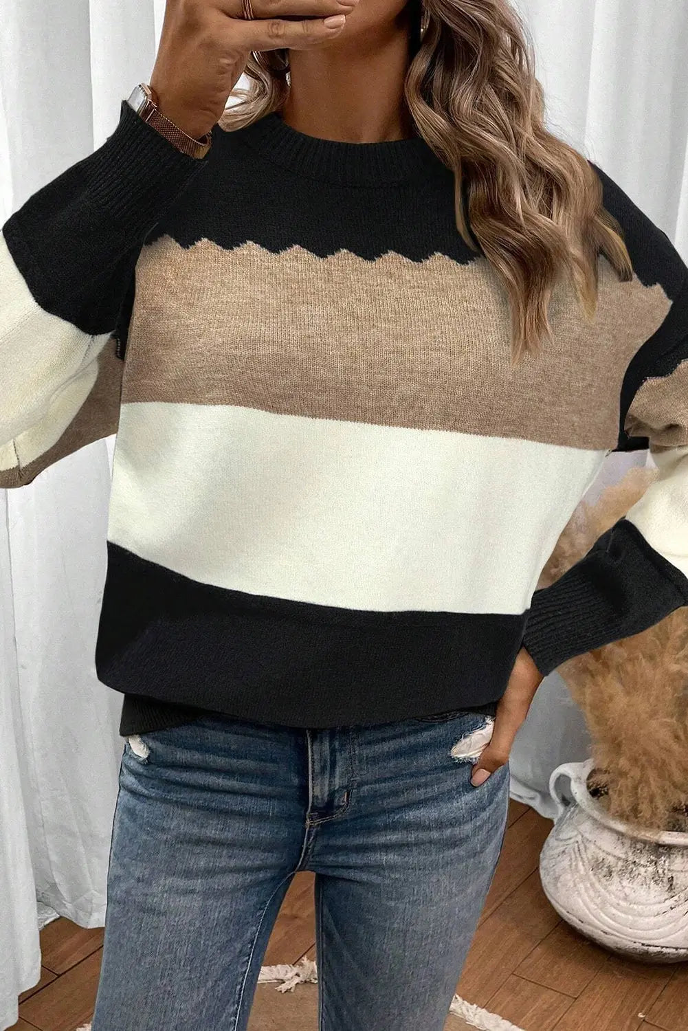 Black Colorblock Crew Neck Drop Shoulder Sweater Dear-Lover Dropshipping