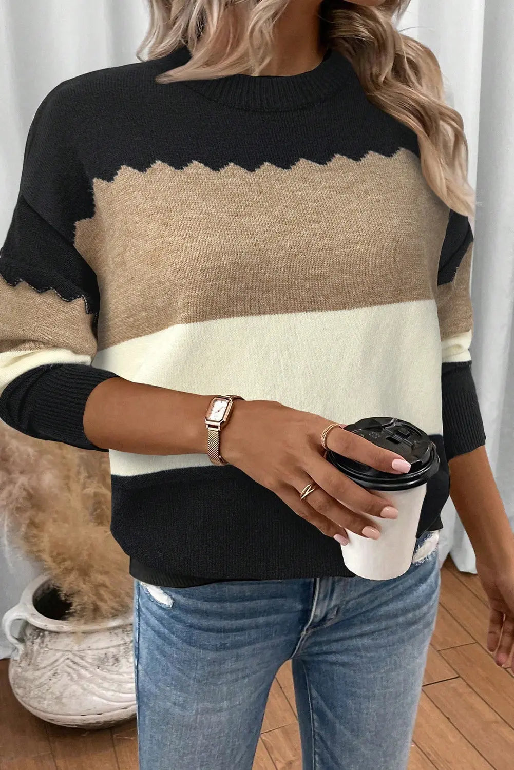 Black Colorblock Crew Neck Drop Shoulder Sweater Dear-Lover Dropshipping