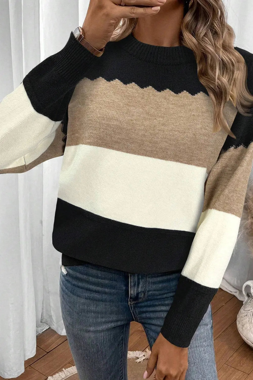 Black Colorblock Crew Neck Drop Shoulder Sweater Dear-Lover Dropshipping
