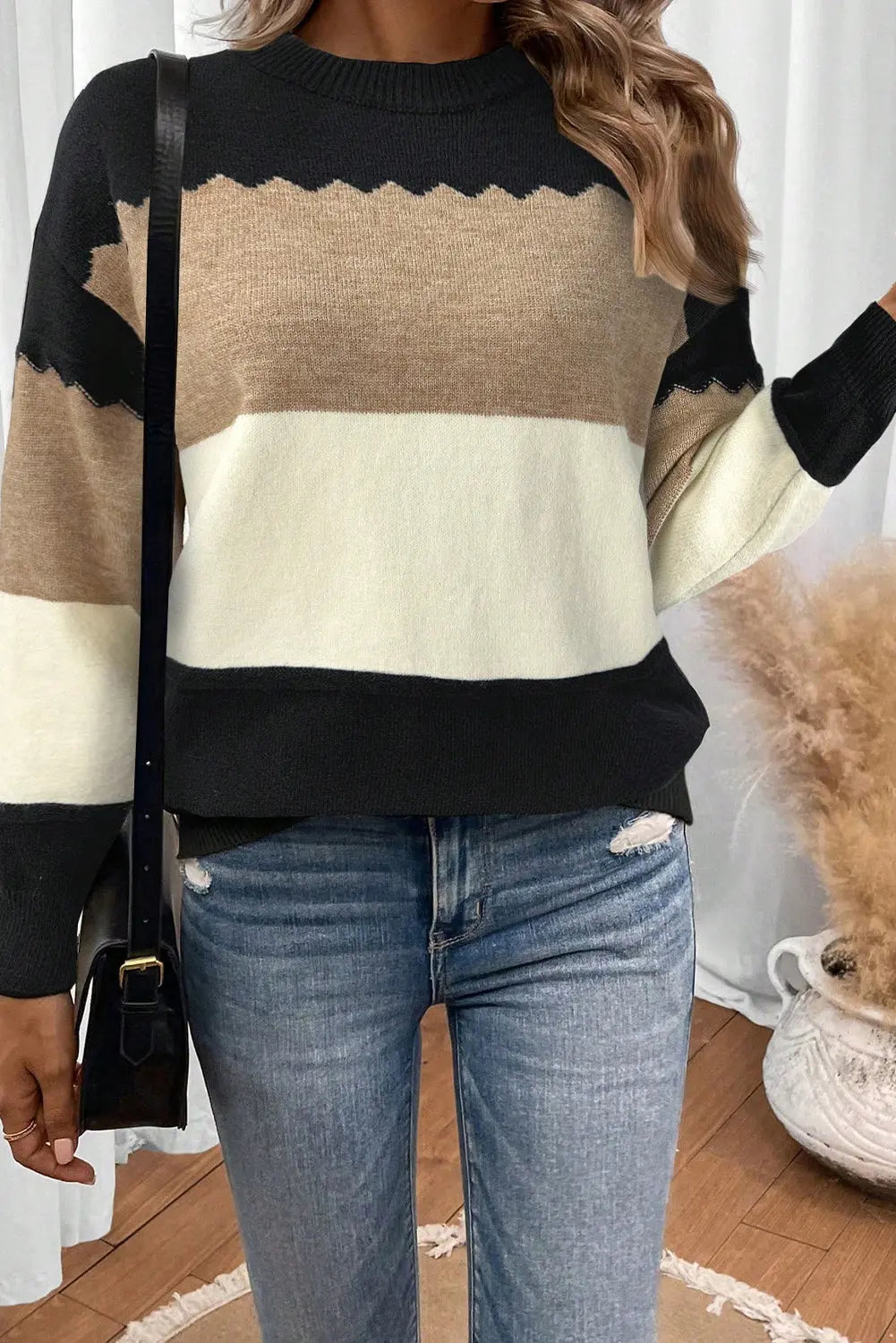 Black Colorblock Crew Neck Drop Shoulder Sweater Dear-Lover Dropshipping